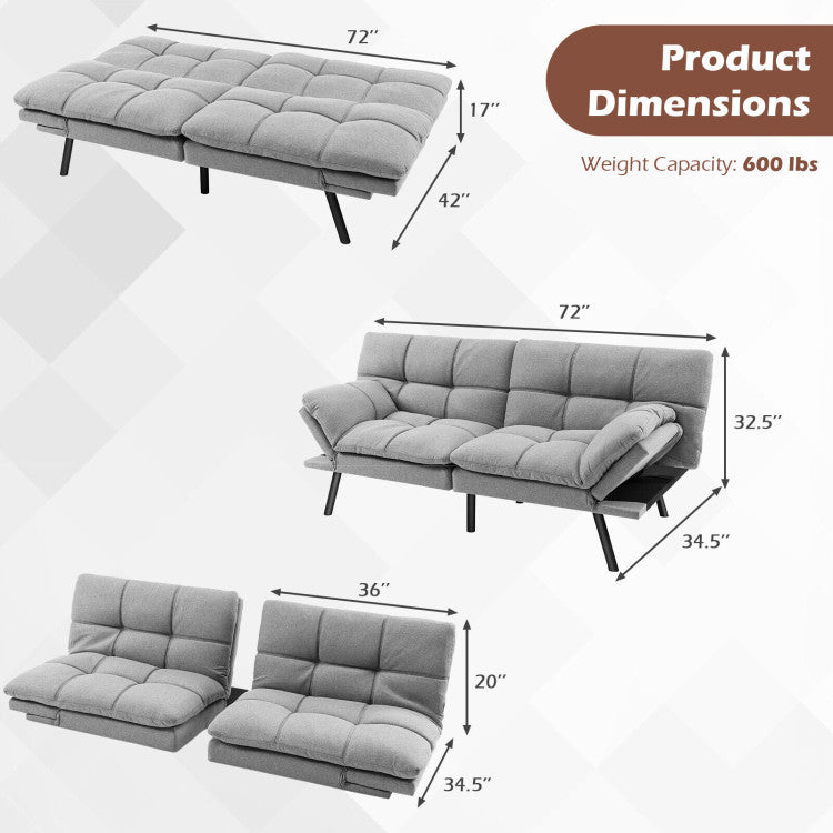 Convertible Futon Sofa Bed Memory Foam Sleeper Couch Modern Loveseat with Adjustable Backrest Armrests