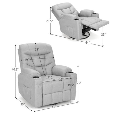 Electric Massage Recliner Rocking Chair with Retractable Footrest and 360-degree Swiveling