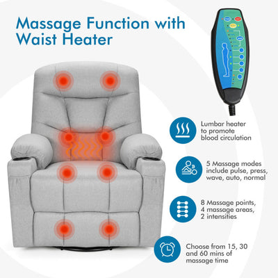 Electric Massage Recliner Rocking Chair with Retractable Footrest and 360-degree Swiveling