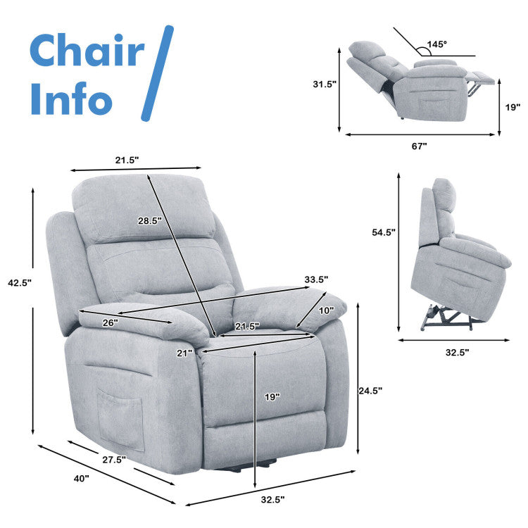 Electric Power Adjustable Recliner Chair Fabric Lift-up Sofa with Remote Control and Side Pocket