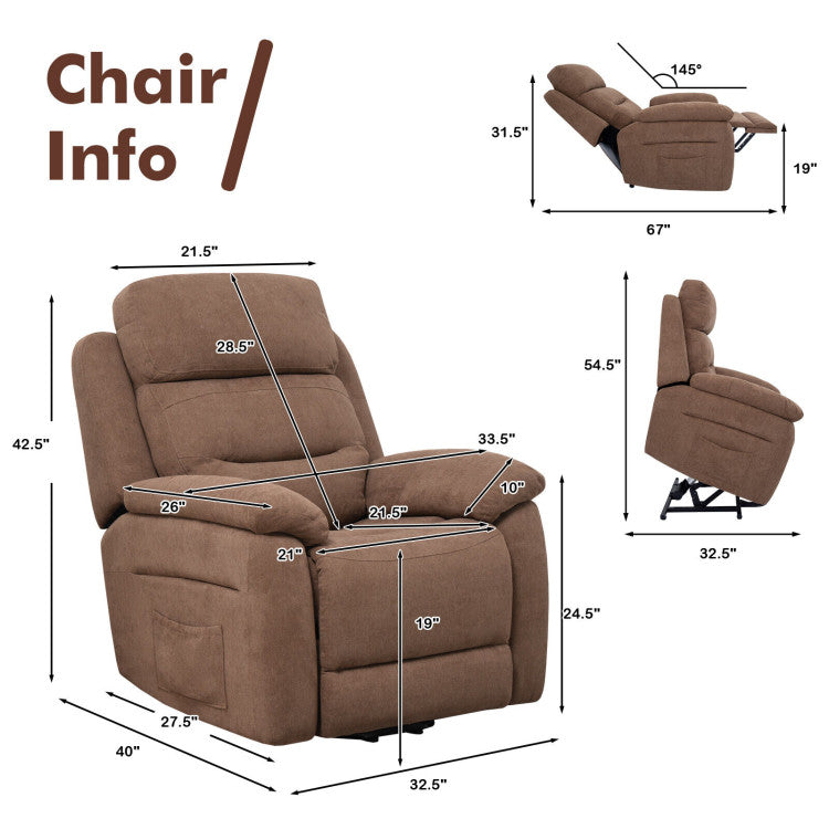 Electric Power Adjustable Recliner Chair Fabric Lift-up Sofa with Remote Control and Side Pocket