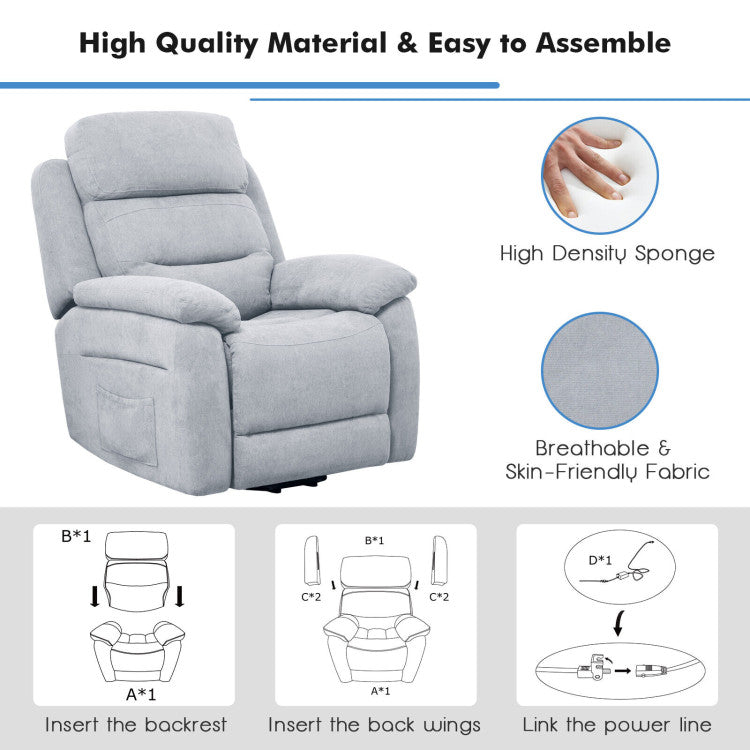 Electric Power Adjustable Recliner Chair Fabric Lift-up Sofa with Remote Control and Side Pocket