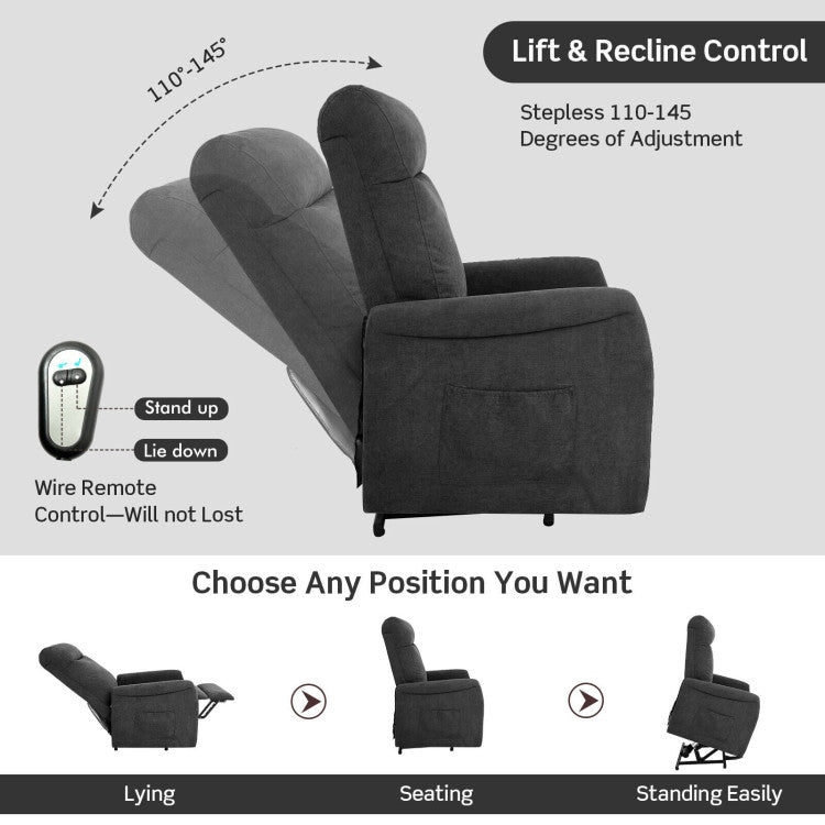 Electric Power Lift-up Recliner Adjustable Massage Chair with Remote Control and Side Storage Pocket for Elderly