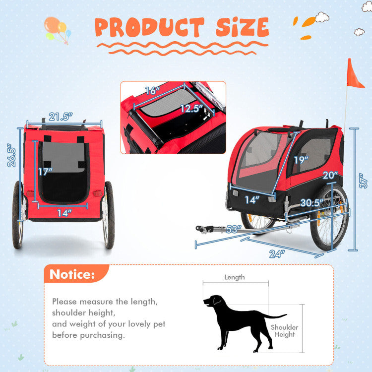 Foldable Dog Bike Trailer 2-in-1 Pet Cart with 3 Zipped Doors and 2 Mesh Windows