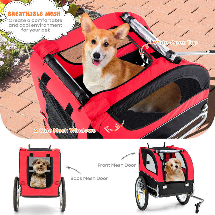 Foldable Dog Bike Trailer 2-in-1 Pet Cart with 3 Zipped Doors and 2 Mesh Windows