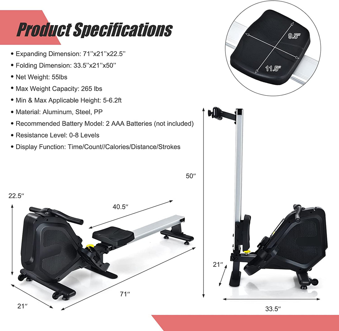 Foldable Magnetic Rowing Machine Full-Body Exercise Rower with 8 Level Adjustable Resistance and Digital Monitor for Gym Office Home