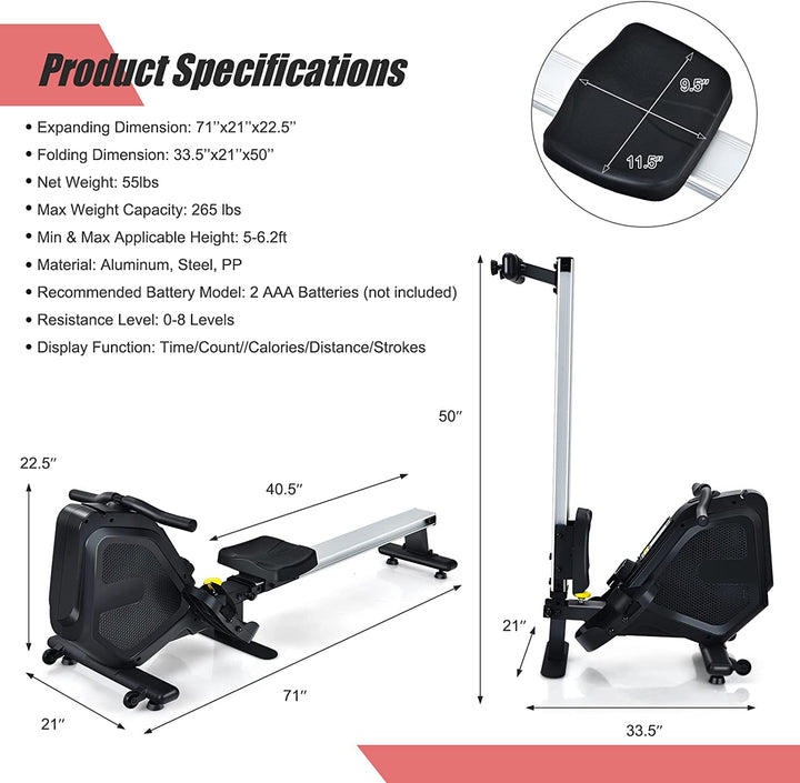 Foldable Magnetic Rowing Machine Full-Body Exercise Rower with 8 Level Adjustable Resistance and Digital Monitor for Gym Office Home