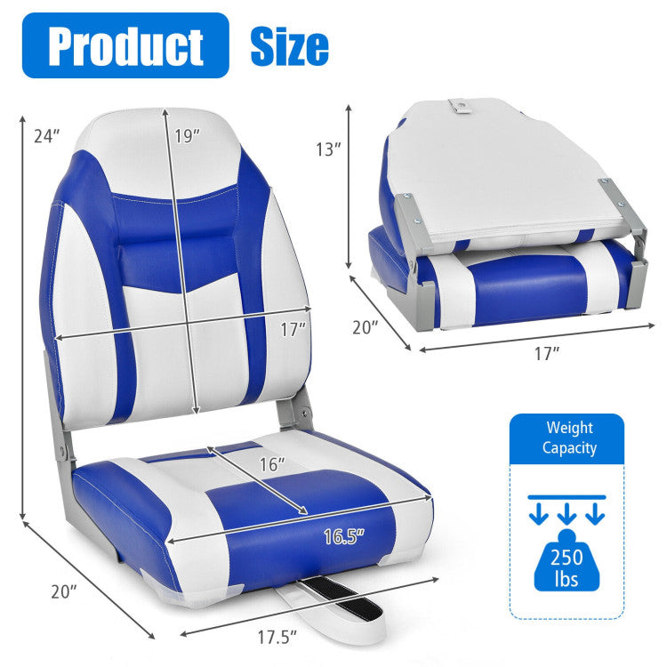 Folding High Back Boat Seat Fishing Chair with Blue White Flexible Hinges and Sponge Cushions