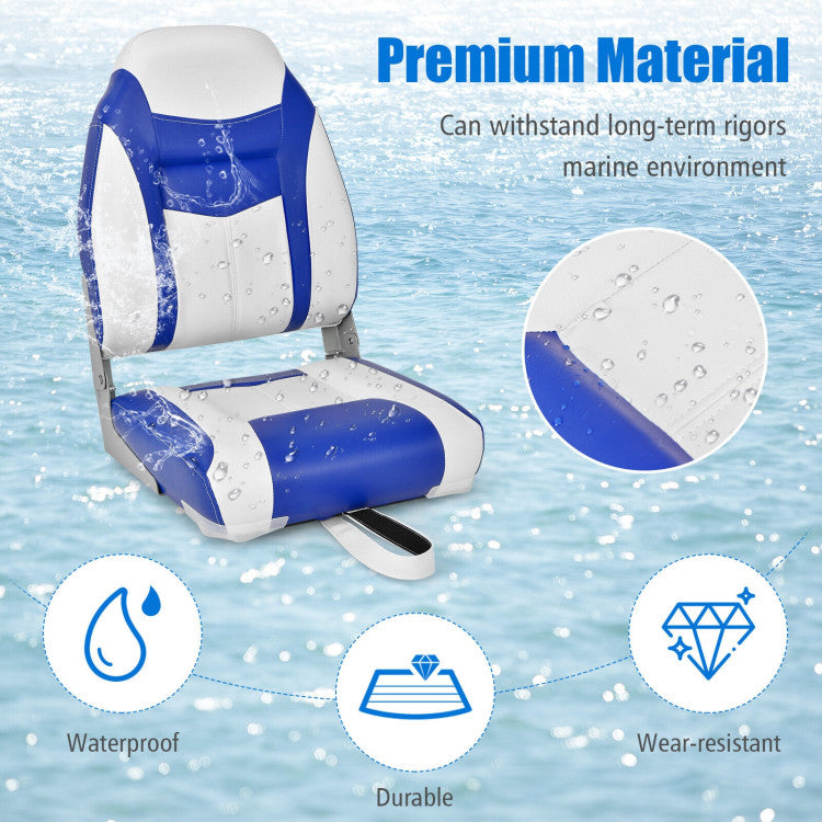 Folding High Back Boat Seat Fishing Chair with Blue White Flexible Hinges and Sponge Cushions