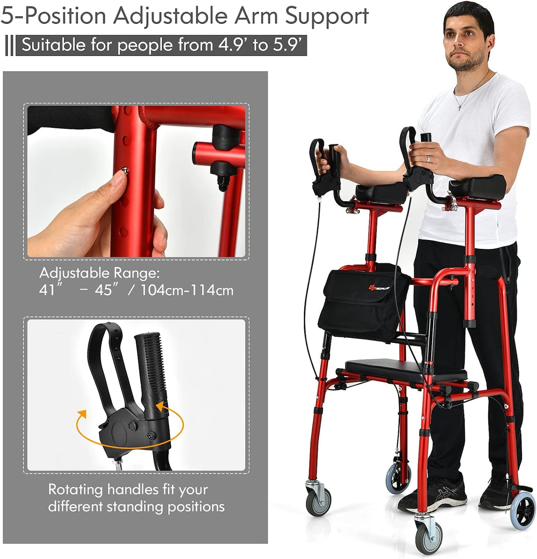 Folding Upright Walker Heavy Duty Stand Up Rollator Walker with Storage Bag and Flip-Up Brakes