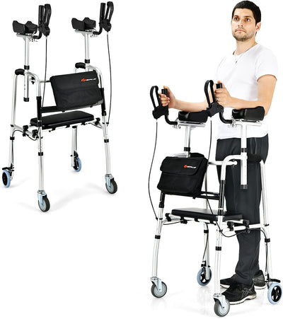 Folding Upright Walker Heavy Duty Stand Up Rollator Walker with Storage Bag and Flip-Up Brakes