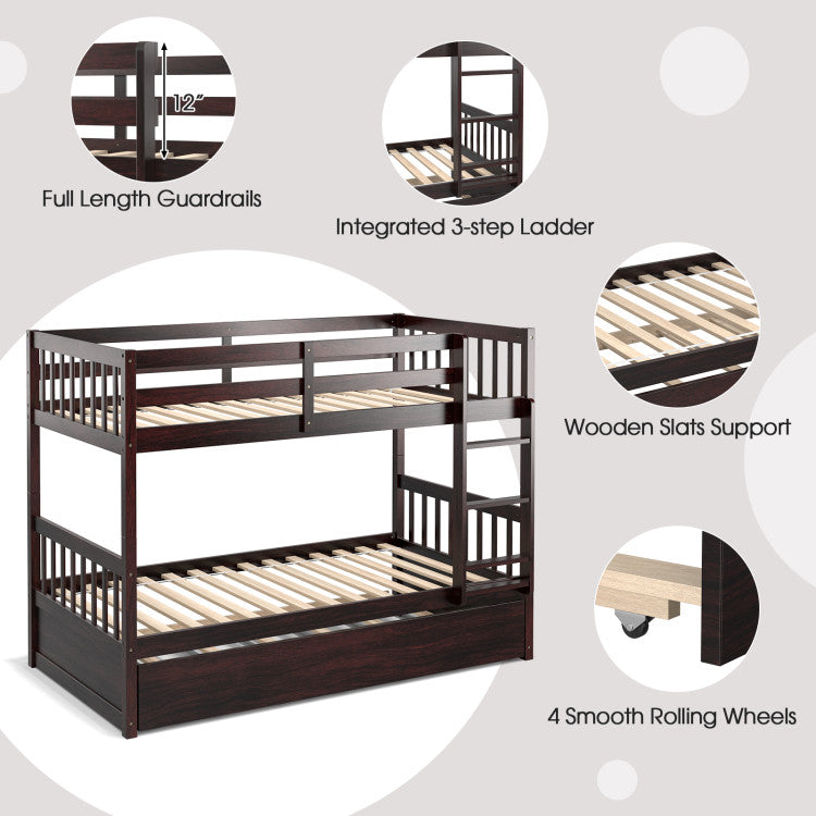 Full Over Full Bunk Bed Solid Wood Trundle Bed Frame Convertible Twin Over Twin Bunk Beds with Guardrails and Ladder for Adults Kids Teens