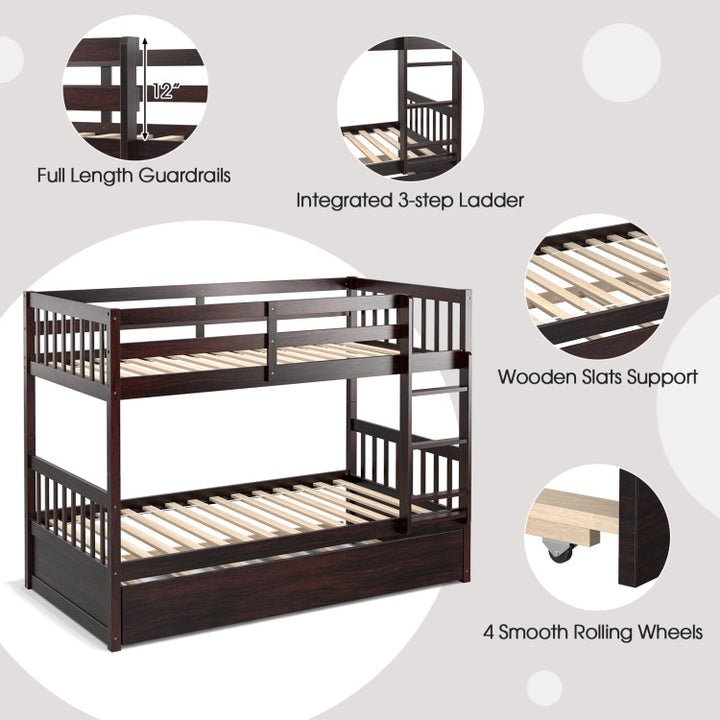 Full Over Full Bunk Bed Solid Wood Trundle Bed Frame Convertible Twin Over Twin Bunk Beds with Guardrails and Ladder for Adults Kids Teens