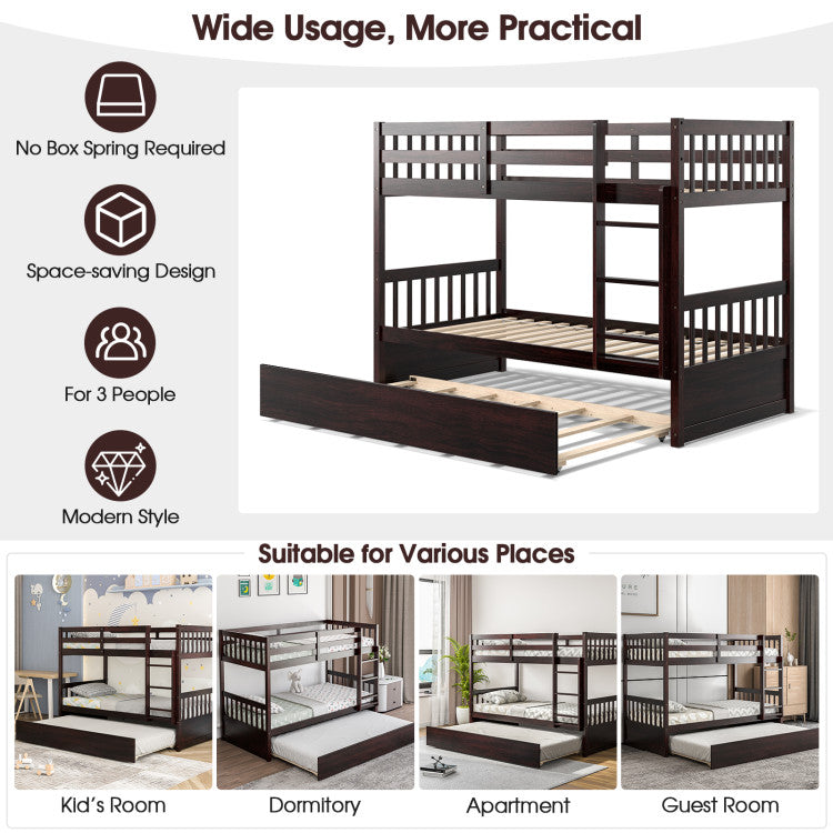 Full Over Full Bunk Bed Solid Wood Trundle Bed Frame Convertible Twin Over Twin Bunk Beds with Guardrails and Ladder for Adults Kids Teens