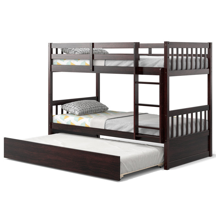 Full Over Full Bunk Bed Solid Wood Trundle Bed Frame Convertible Twin Over Twin Bunk Beds with Guardrails and Ladder for Adults Kids Teens