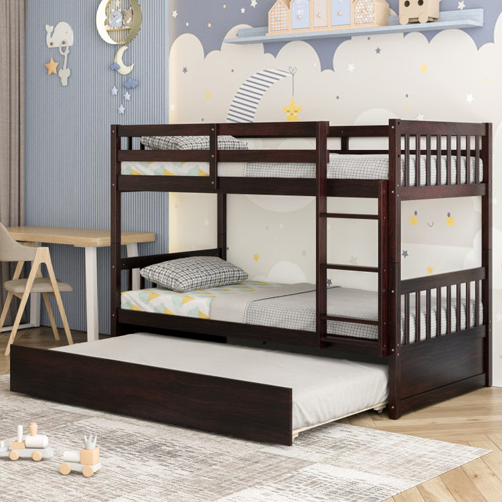 Full Over Full Bunk Bed Solid Wood Trundle Bed Frame Convertible Twin Over Twin Bunk Beds with Guardrails and Ladder for Adults Kids Teens