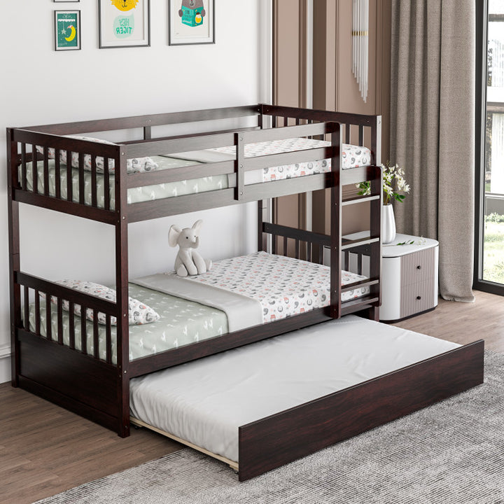 Full Over Full Bunk Bed Solid Wood Trundle Bed Frame Convertible Twin Over Twin Bunk Beds with Guardrails and Ladder for Adults Kids Teens