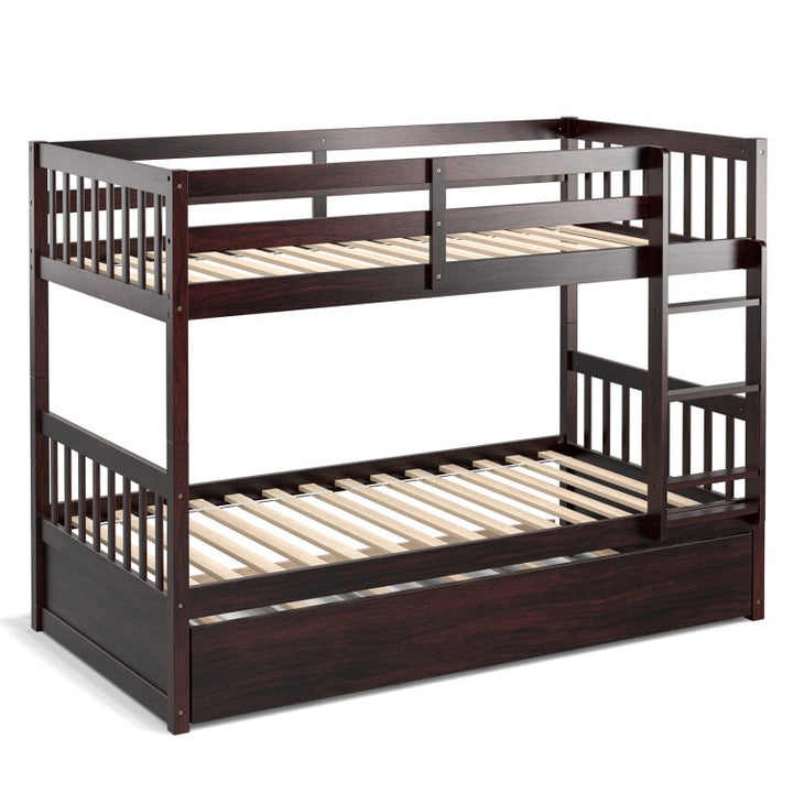 Full Over Full Bunk Bed Solid Wood Trundle Bed Frame Convertible Twin Over Twin Bunk Beds with Guardrails and Ladder for Adults Kids Teens