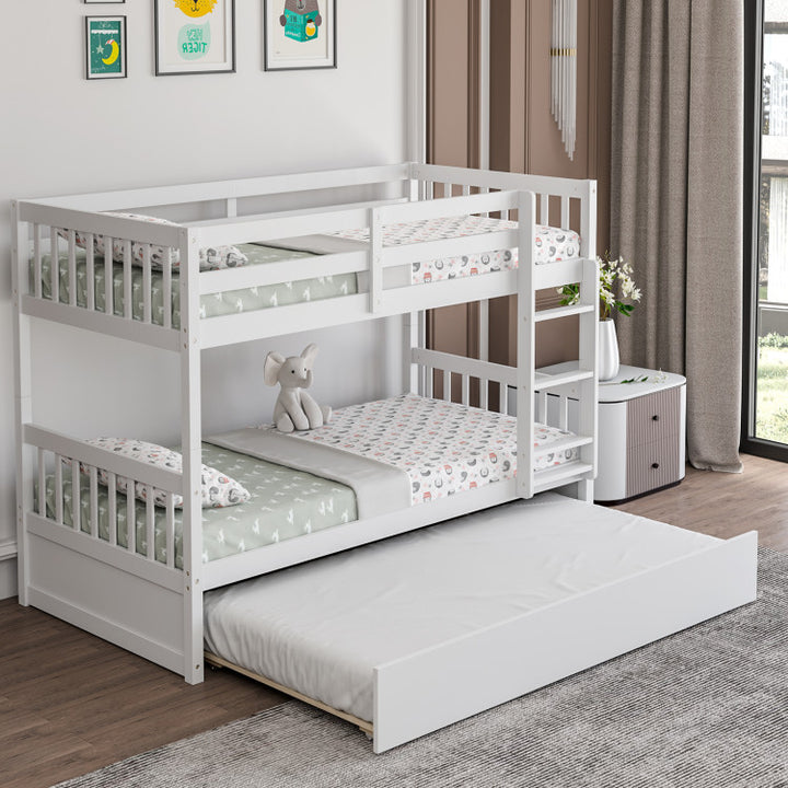 Full Over Full Bunk Bed Solid Wood Trundle Bed Frame Convertible Twin Over Twin Bunk Beds with Guardrails and Ladder for Adults Kids Teens