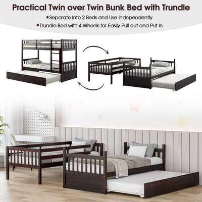 Full Over Full Bunk Bed Solid Wood Trundle Bed Frame Convertible Twin Over Twin Bunk Beds with Guardrails and Ladder for Adults Kids Teens