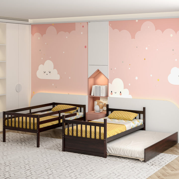 Full Over Full Bunk Bed Solid Wood Trundle Bed Frame Convertible Twin Over Twin Bunk Beds with Guardrails and Ladder for Adults Kids Teens