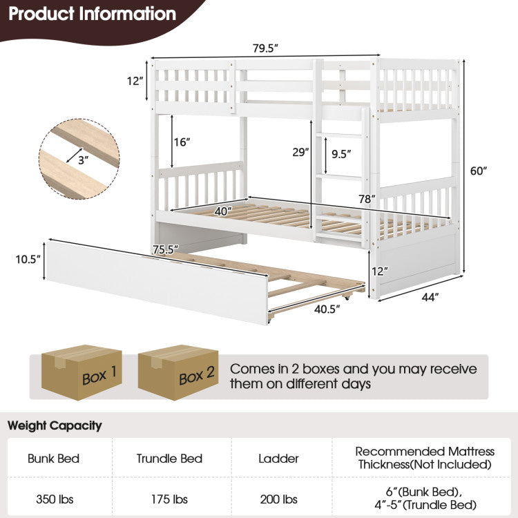 Full Over Full Bunk Bed Solid Wood Trundle Bed Frame Convertible Twin Over Twin Bunk Beds with Guardrails and Ladder for Adults Kids Teens