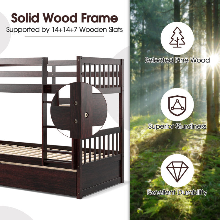 Full Over Full Bunk Bed Solid Wood Trundle Bed Frame Convertible Twin Over Twin Bunk Beds with Guardrails and Ladder for Adults Kids Teens