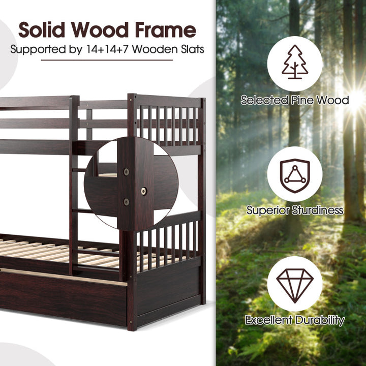 Full Over Full Bunk Bed Solid Wood Trundle Bed Frame Convertible Twin Over Twin Bunk Beds with Guardrails and Ladder for Adults Kids Teens