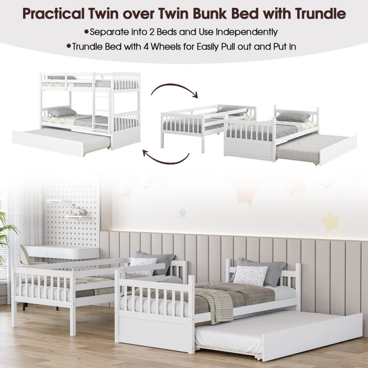 Full Over Full Bunk Bed Solid Wood Trundle Bed Frame Convertible Twin Over Twin Bunk Beds with Guardrails and Ladder for Adults Kids Teens