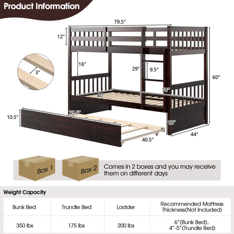 Full Over Full Bunk Bed Solid Wood Trundle Bed Frame Convertible Twin Over Twin Bunk Beds with Guardrails and Ladder for Adults Kids Teens