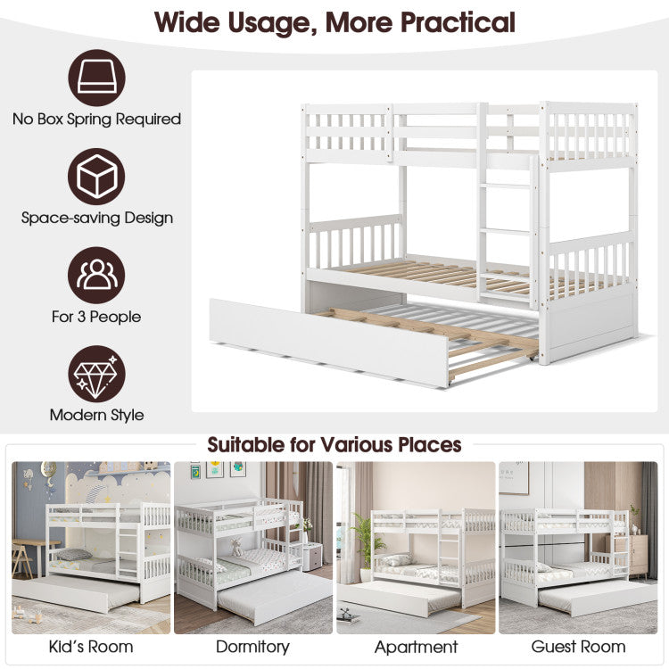 Full Over Full Bunk Bed Solid Wood Trundle Bed Frame Convertible Twin Over Twin Bunk Beds with Guardrails and Ladder for Adults Kids Teens