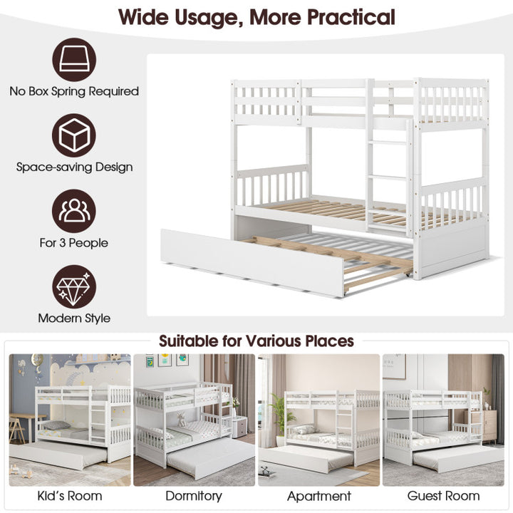 Full Over Full Bunk Bed Solid Wood Trundle Bed Frame Convertible Twin Over Twin Bunk Beds with Guardrails and Ladder for Adults Kids Teens