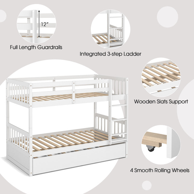 Full Over Full Bunk Bed Solid Wood Trundle Bed Frame Convertible Twin Over Twin Bunk Beds with Guardrails and Ladder for Adults Kids Teens