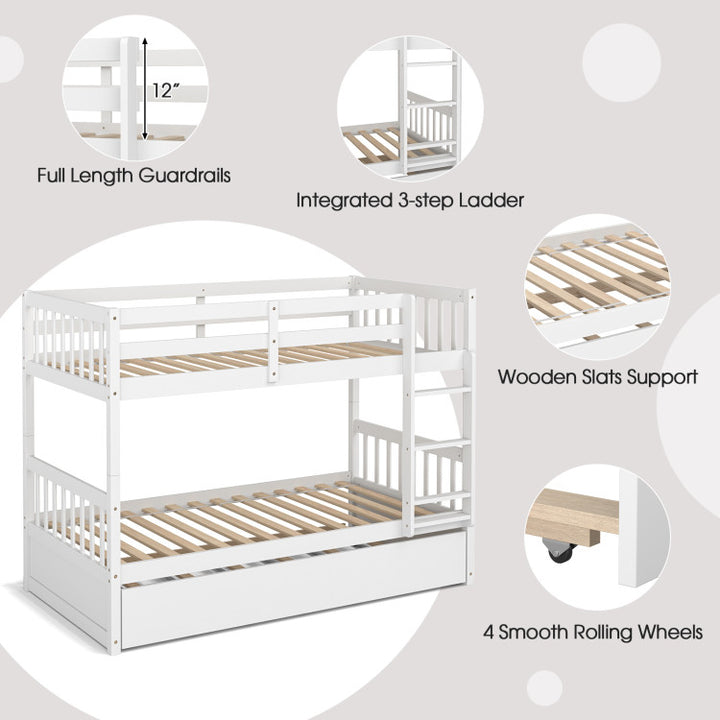 Full Over Full Bunk Bed Solid Wood Trundle Bed Frame Convertible Twin Over Twin Bunk Beds with Guardrails and Ladder for Adults Kids Teens