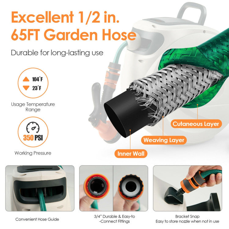 Garden Retractable Hose Reel Wall Mounted 1/2 Inch 65 Feet Any Length with Self-Lock Design and Hose Nozzle