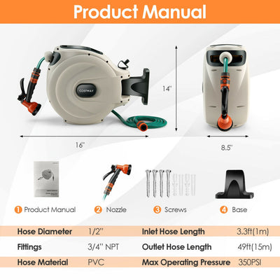 Garden Retractable Hose Reel Wall Mounted 1/2 Inch 49 Feet Any Length with Self-Lock Design and Hose Nozzle