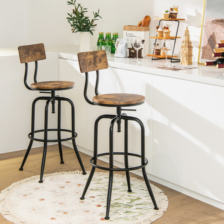 Industrial Height-Adjustable Swivel Bar Stools Vintage Counter Height Kitchen Dining Chair with Arc-Shaped Backrest and Footrest