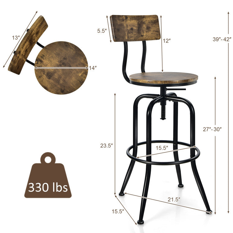 Industrial Height-Adjustable Swivel Bar Stools Vintage Counter Height Kitchen Dining Chair with Arc-Shaped Backrest and Footrest