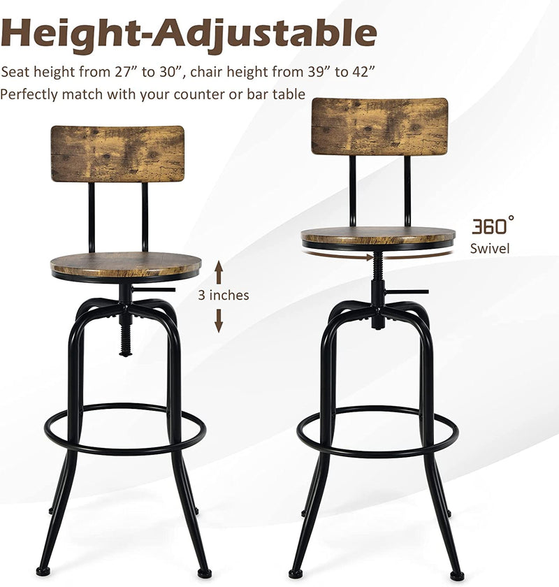 Industrial Height-Adjustable Swivel Bar Stools Vintage Counter Height Kitchen Dining Chair with Arc-Shaped Backrest and Footrest