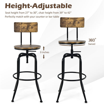 Industrial Height-Adjustable Swivel Bar Stools Vintage Counter Height Kitchen Dining Chair with Arc-Shaped Backrest and Footrest