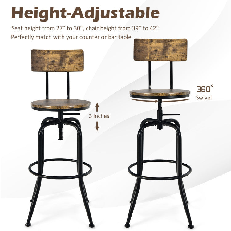 Industrial Height-Adjustable Swivel Bar Stools Vintage Counter Height Kitchen Dining Chair with Arc-Shaped Backrest and Footrest