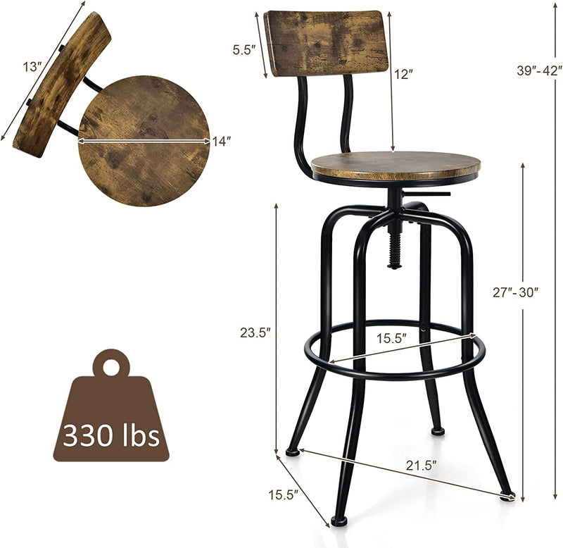 Industrial Height-Adjustable Swivel Bar Stools Vintage Counter Height Kitchen Dining Chair with Arc-Shaped Backrest and Footrest