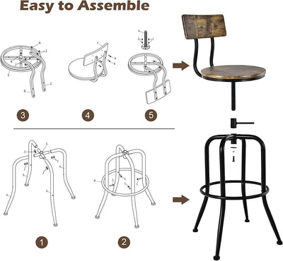 Industrial Height-Adjustable Swivel Bar Stools Vintage Counter Height Kitchen Dining Chair with Arc-Shaped Backrest and Footrest