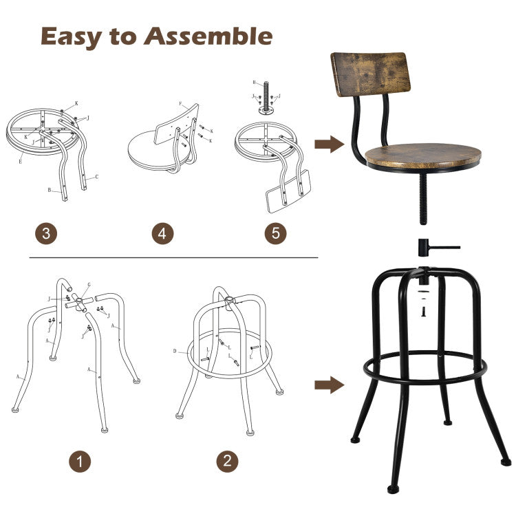 Industrial Height-Adjustable Swivel Bar Stools Vintage Counter Height Kitchen Dining Chair with Arc-Shaped Backrest and Footrest