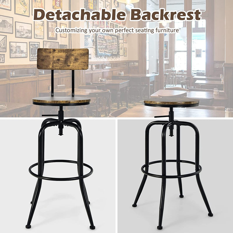Industrial Height-Adjustable Swivel Bar Stools Vintage Counter Height Kitchen Dining Chair with Arc-Shaped Backrest and Footrest