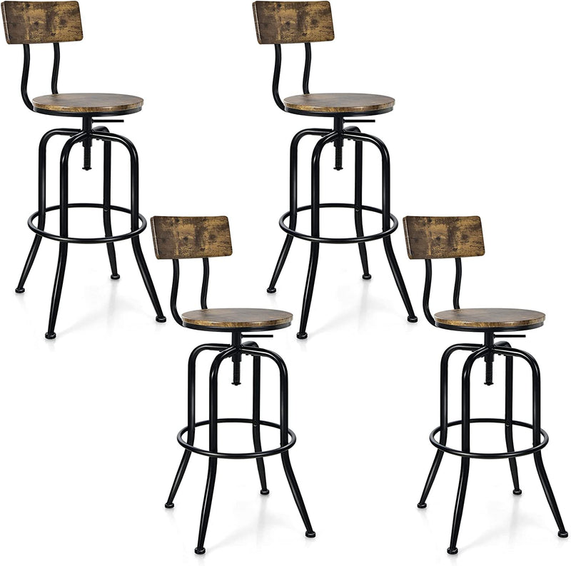 Industrial Height-Adjustable Swivel Bar Stools Vintage Counter Height Kitchen Dining Chair with Arc-Shaped Backrest and Footrest