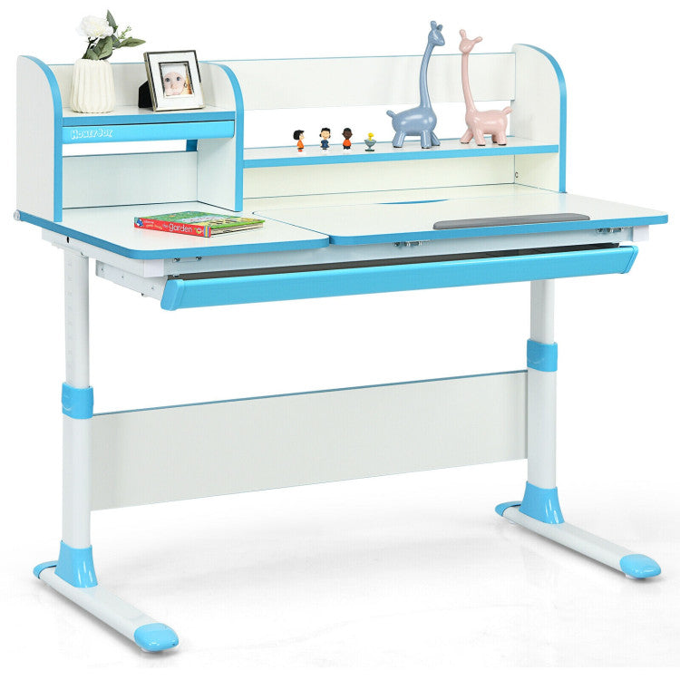 Kids Multifunctional Adjustable Height Study Desk with Tilted Desktop and Storage Drawer for Boys Girls