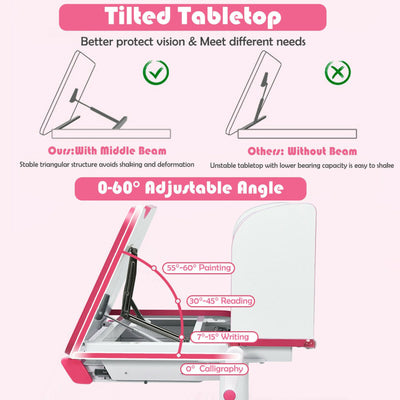 Kids Multifunctional Adjustable Height Study Desk with Tilted Desktop and Storage Drawer for Boys Girls