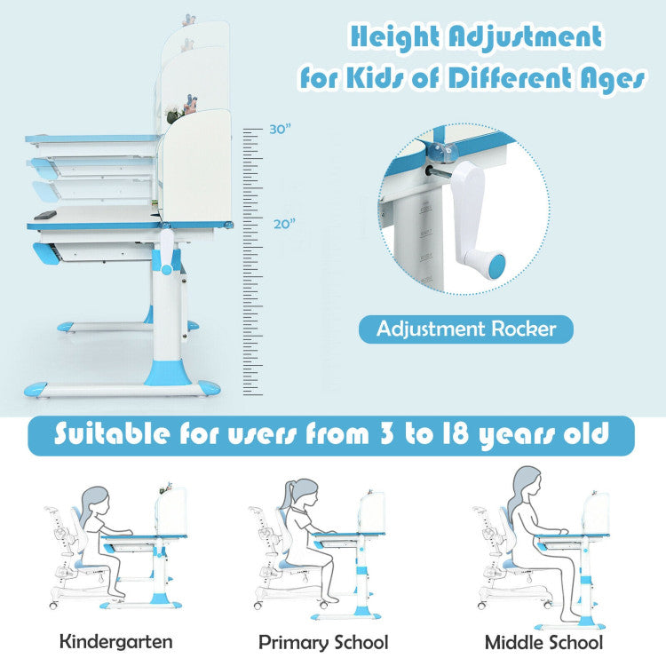 Kids Multifunctional Adjustable Height Study Desk with Tilted Desktop and Storage Drawer for Boys Girls