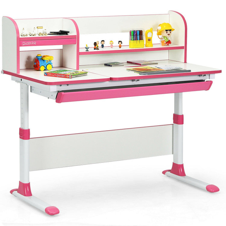 Kids Multifunctional Adjustable Height Study Desk with Tilted Desktop and Storage Drawer for Boys Girls